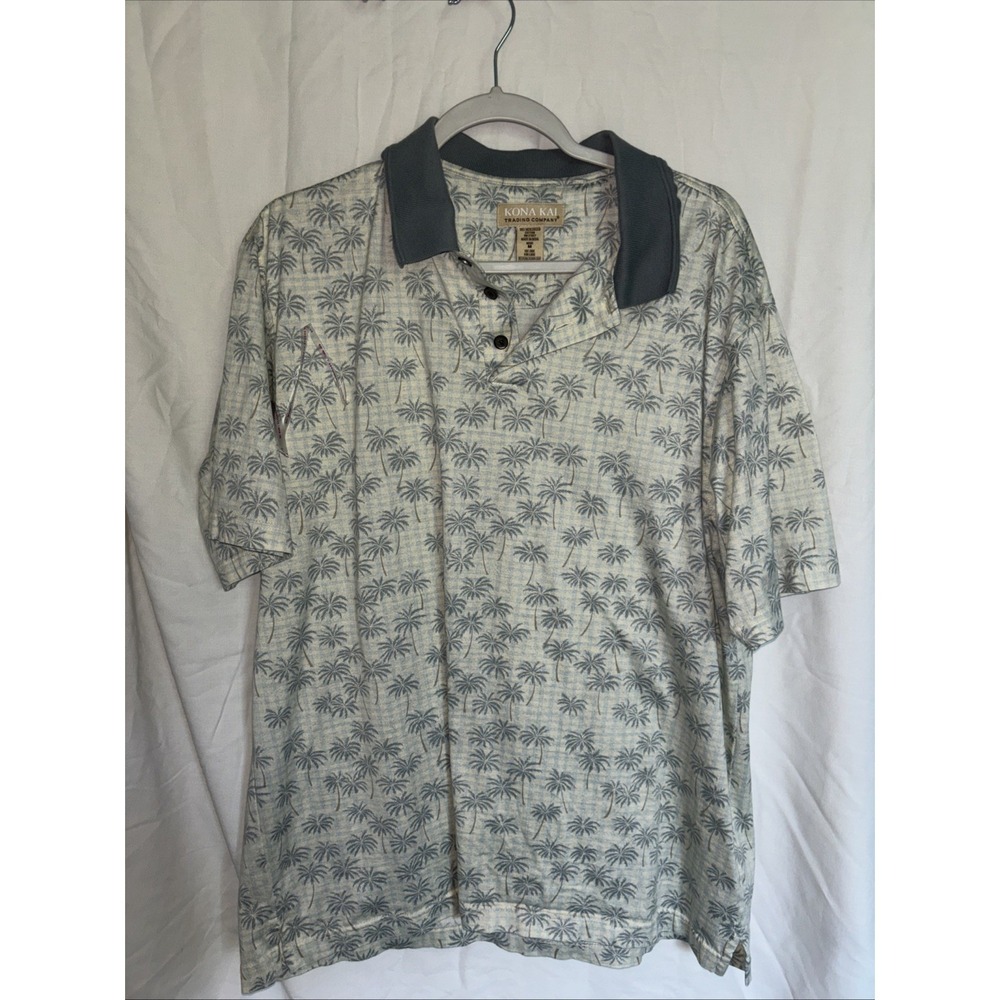 Kona Kai Trading Co Polo Shirt Mens M Blue Tan Hawaiian Short Sleeve Casul